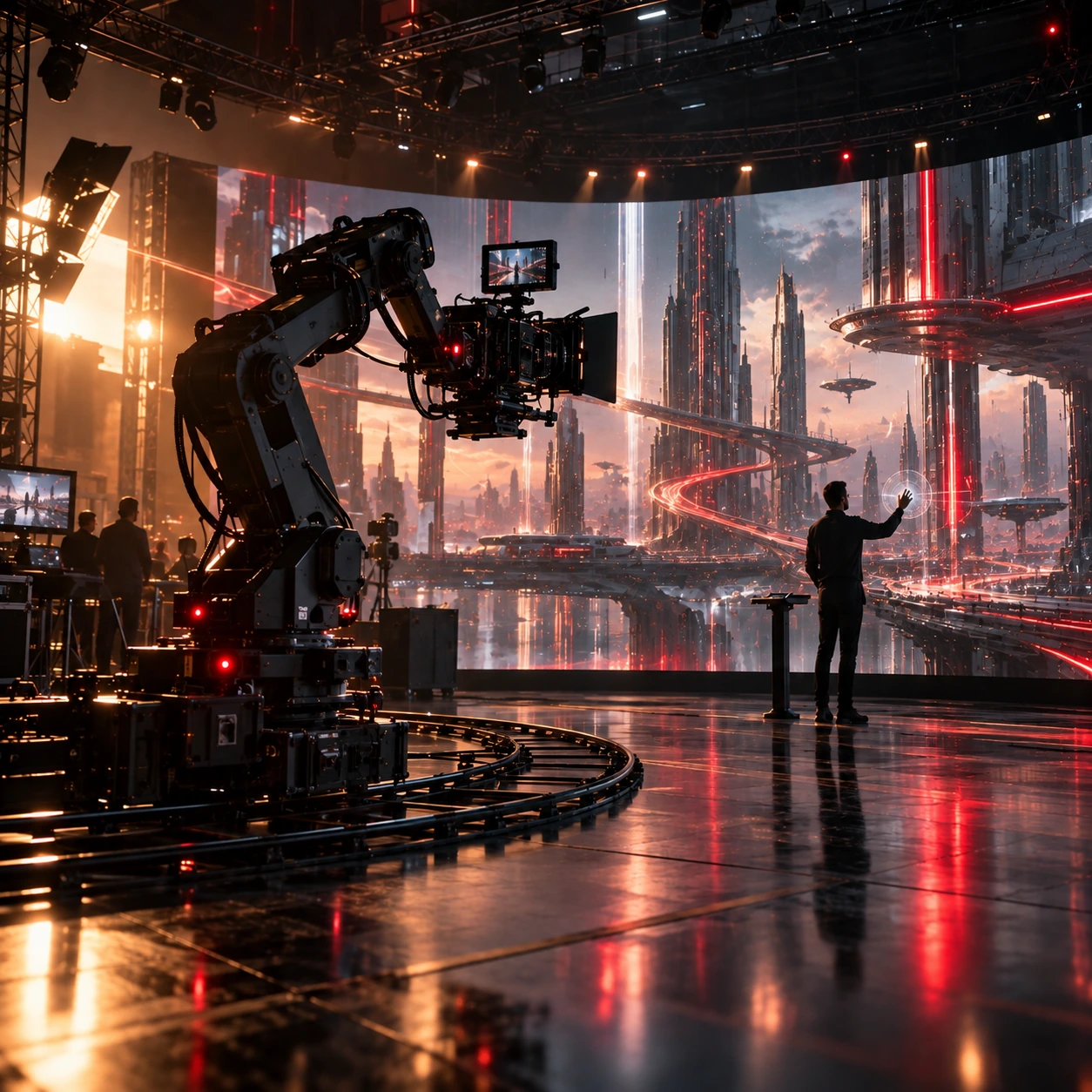 Robotic arm observing futuristic cityscape in virtual production studio