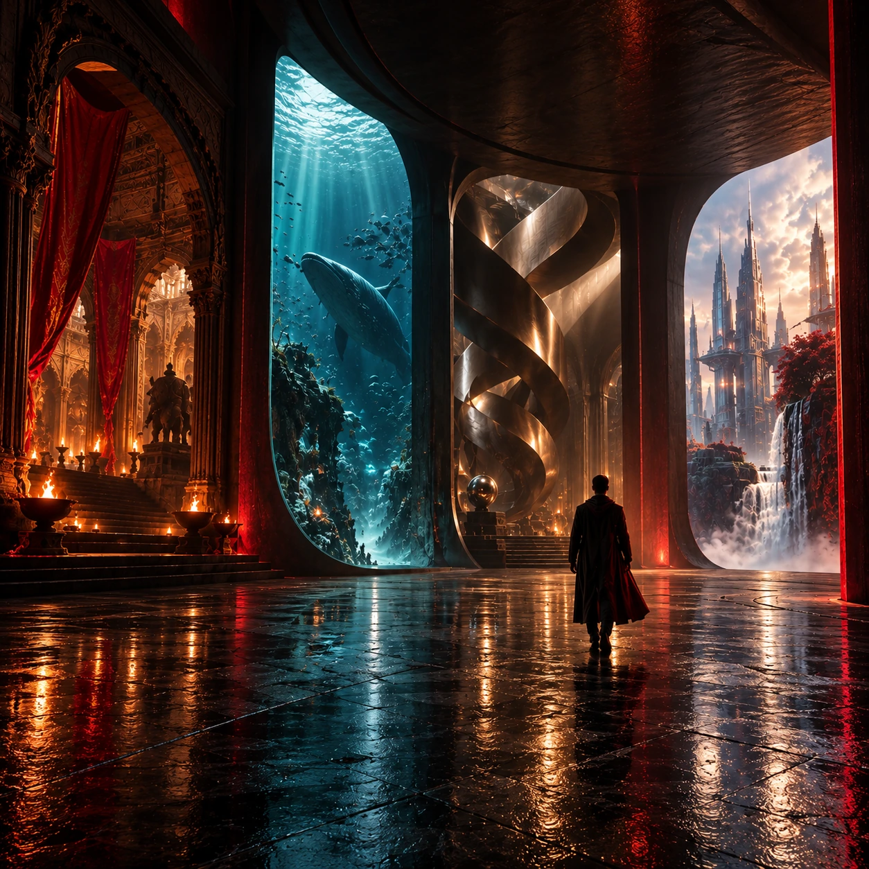 Underwater portal pillars and cinematic ocean worlds