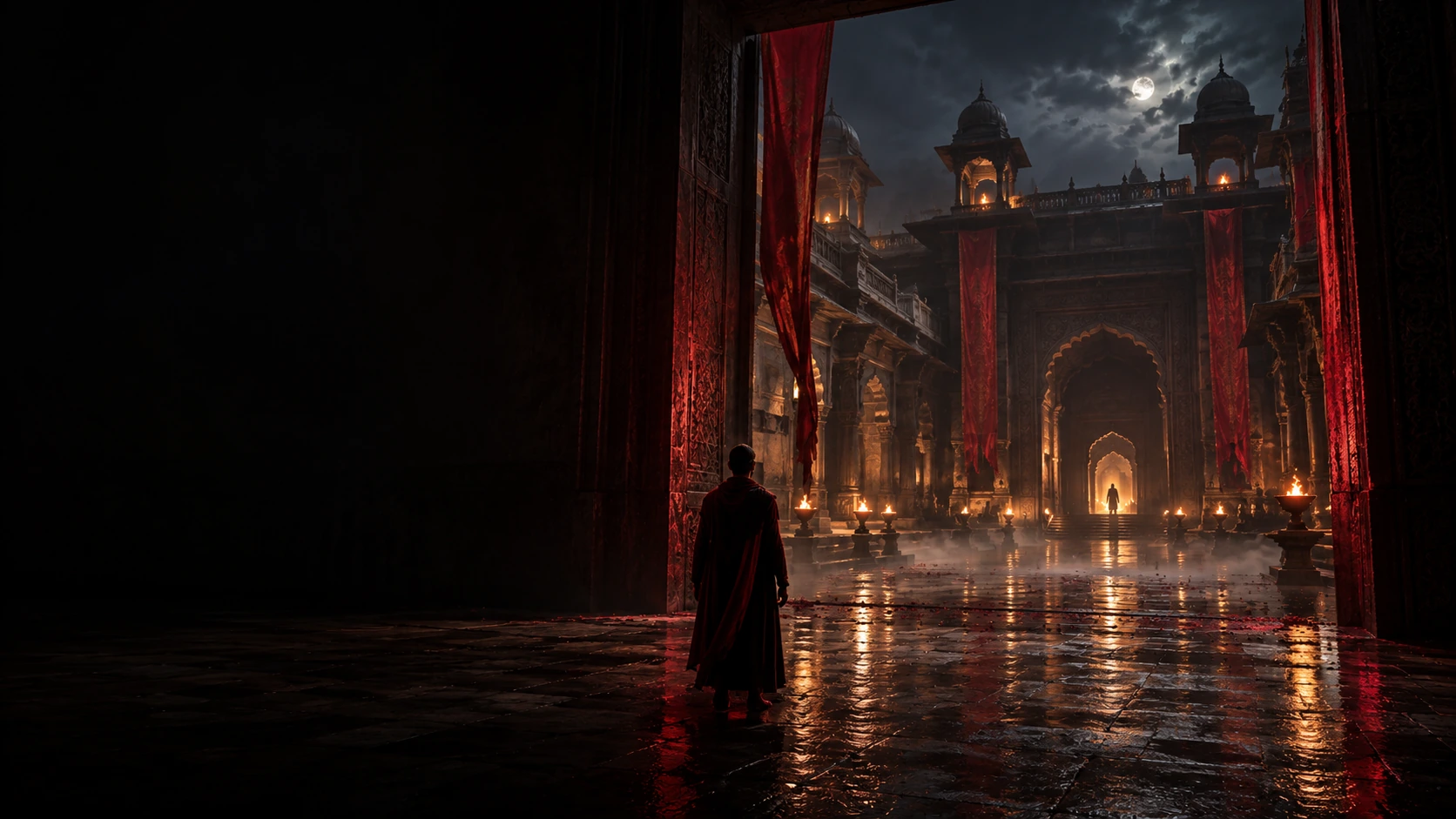 Monumental cinematic visual architecture with torchlight and traveller