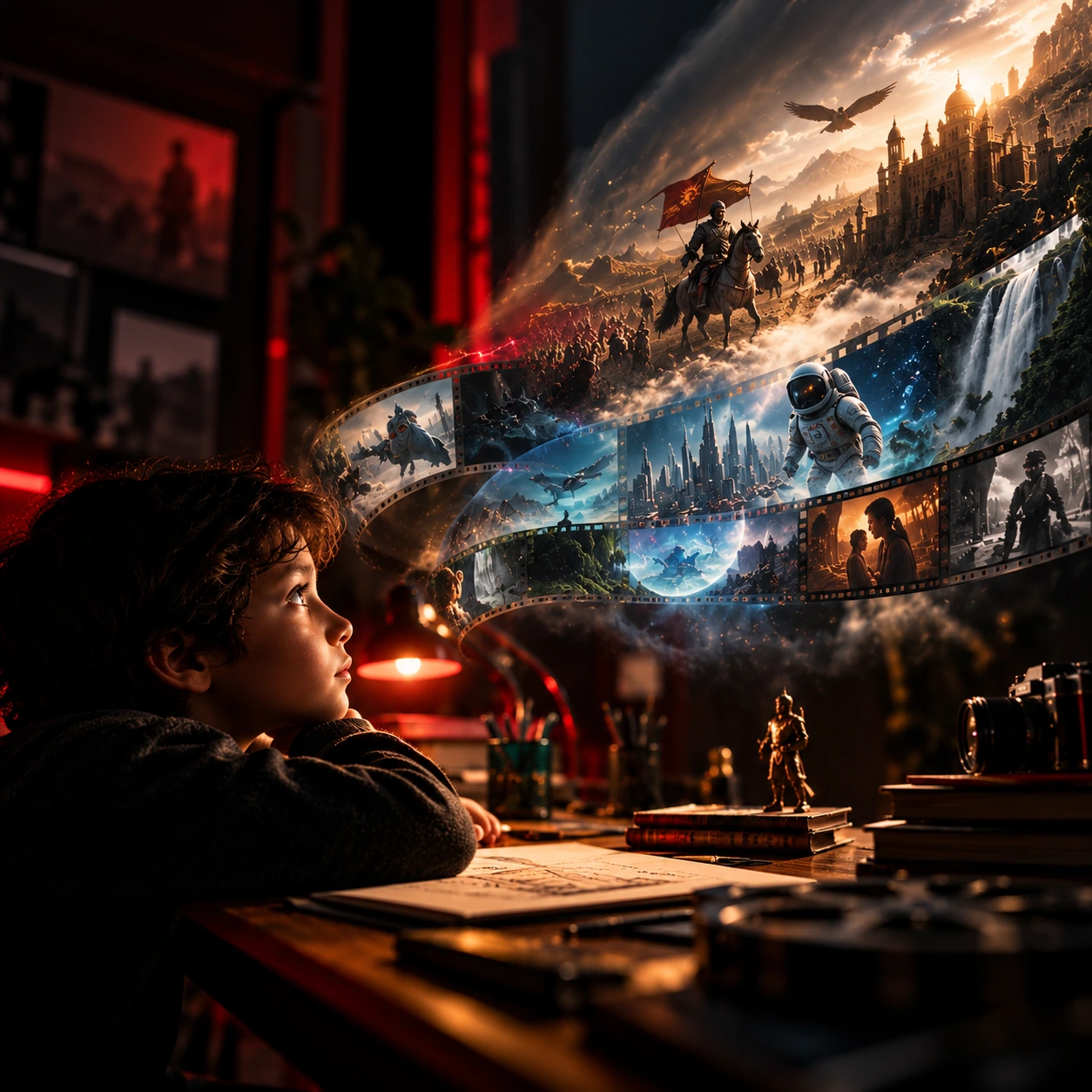 Boy gazing at gold and blue cinematic projections