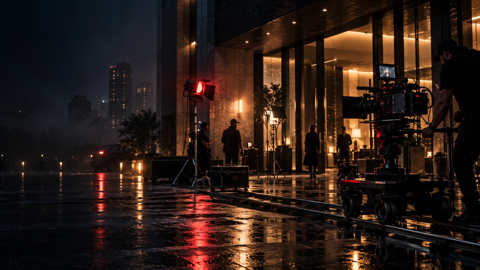 Film camera track rig on illuminated wet urban cinema production set