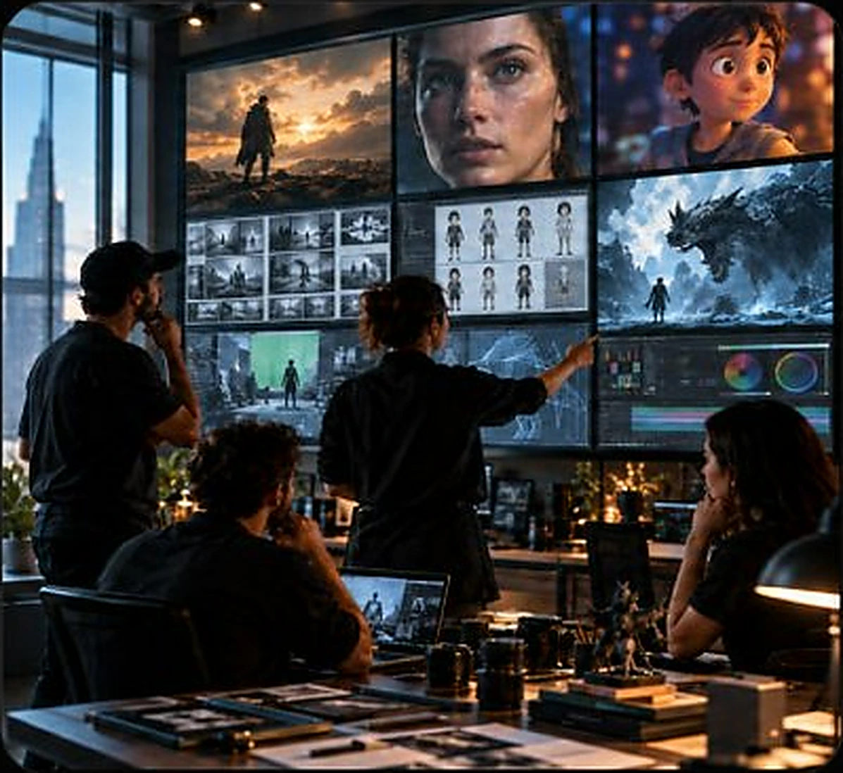 Creative team monitoring neural multi-screen pipeline