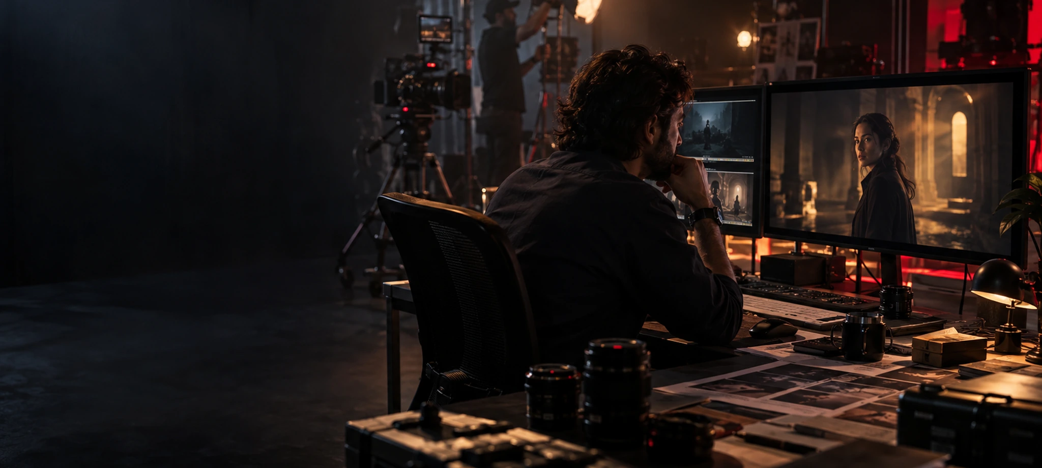 Creative operator at advanced neural workstation with illuminated monitors