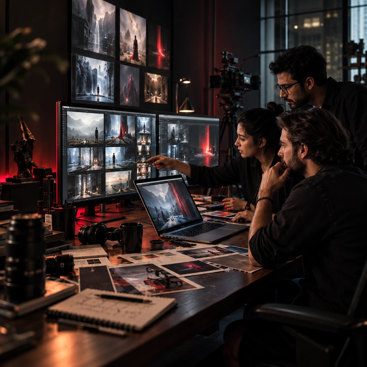 Creative team collaborating across multiple screens in dark production studio
