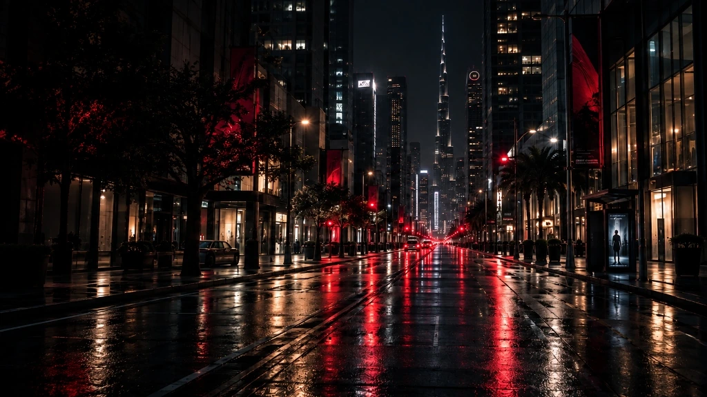 Moody wet street night photography with bright red taillight reflections