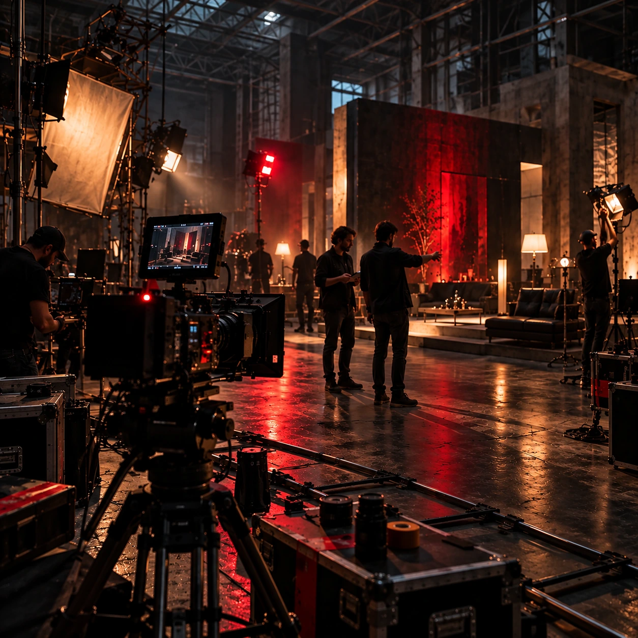 Dynamic film studio set with lighting rig and creative crew