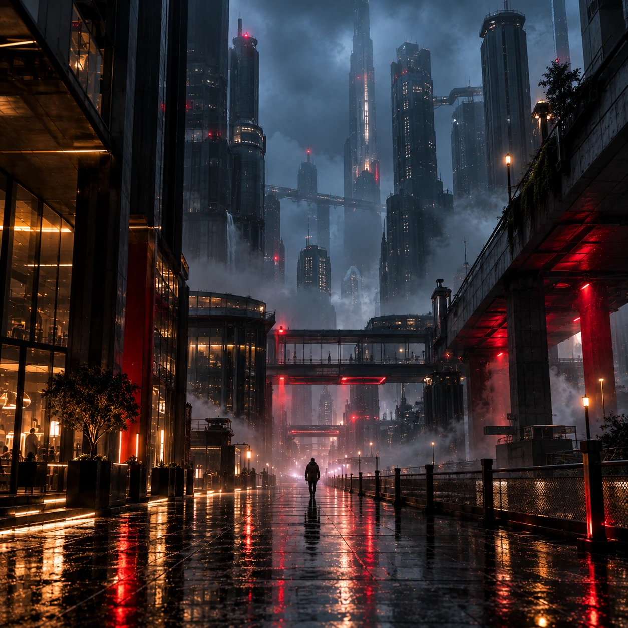 Futuristic atmospheric city bridge with mist and neon
