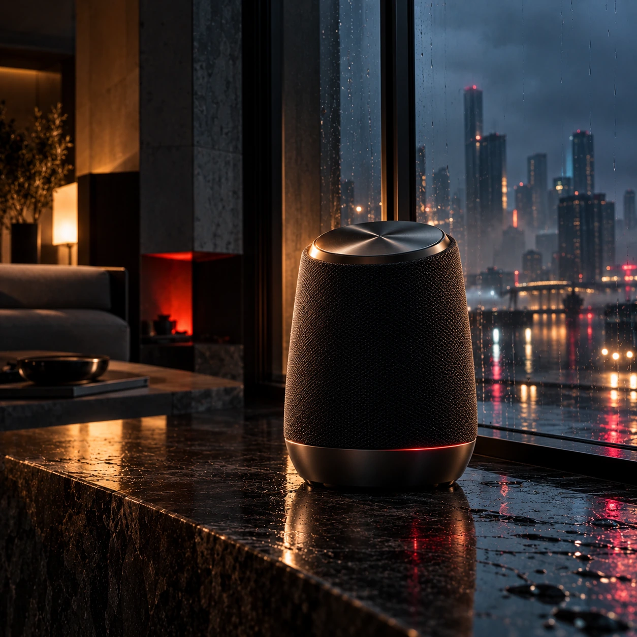 Commercial product hero smart speaker in futuristic neon interior