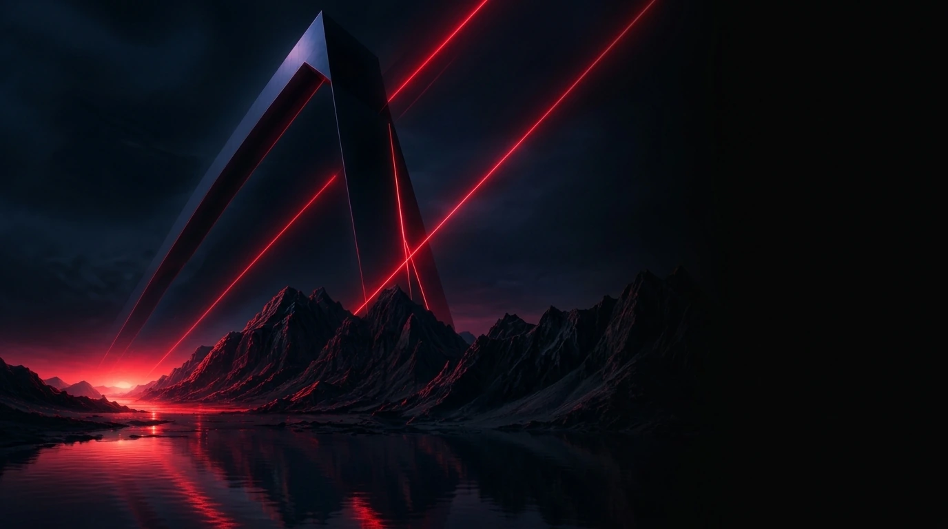 Dark mountains bleeding horizontally across lake sunrise with obsidian monolith and crimson laser beams