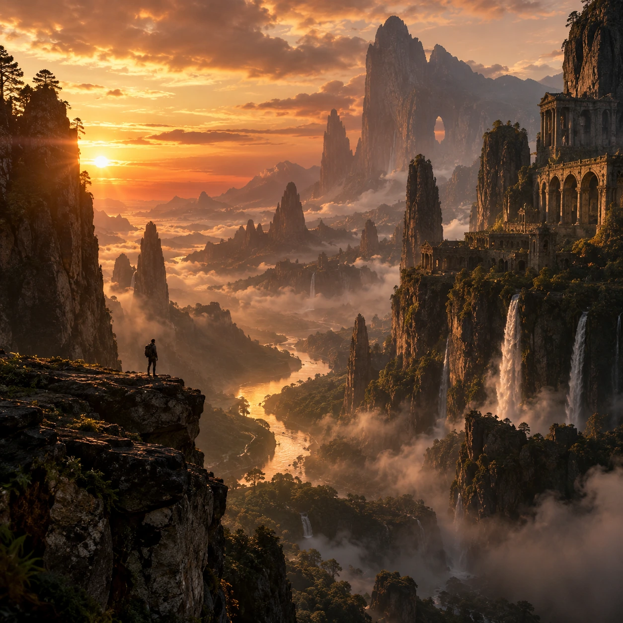 Fantasy sunset mountain landscape with temples